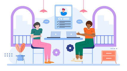 Two people discussing a CV at a table, perfect for career coaching, job interview preparation, recruitment, professional development content.