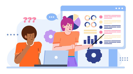 Two people analyzing presentation charts and graphs. Suitable for business presentations, data analysis, finance reports, teamwork concepts, and collaboration.