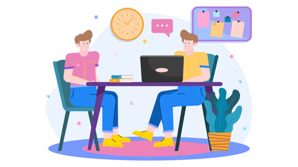 two office friends working on a desk using laptop