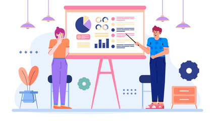 Business professional presenting data chart to colleague in an office setting. Suitable for presentations, business meetings, teamwork concepts.