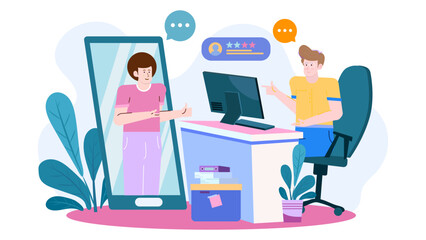 Man gesturing and pointing at phone screen, providing feedback. Suitable for technology, communication, remote work, and customer service concepts.