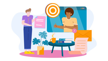 Two people discussing business with a target in the background. Suitable for presentations, marketing materials, and business-related designs.