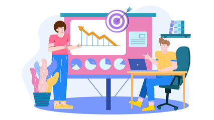 Business meeting with two individuals analyzing a chart and goal target. Ideal for presentations, business reports, financial concepts, and goal setting.