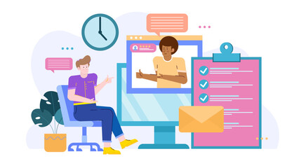 Man talking to a person on a computer screen, suitable for remote work, video conferencing, remote communication, online meetings concept.