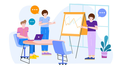 Business meeting with three people discussing a chart, suitable for presentations, reports, teamwork concepts, office environment visuals, corporate settings.