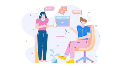 Woman pointing at man in chair, using phone. Suitable for business, communication, technology concepts in websites, social media, and advertising.