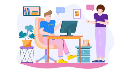 Two people discussing in office, teamwork concept. Suitable for business presentations, communication articles, teamwork graphics, office themed designs.