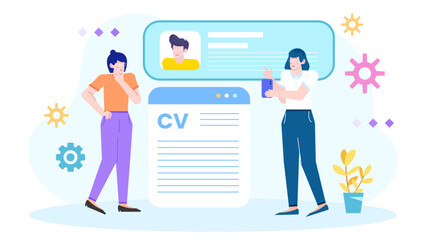 Two people by a CV and a plant, suitable for job search, career development, office environment, teamwork, collaboration concepts.