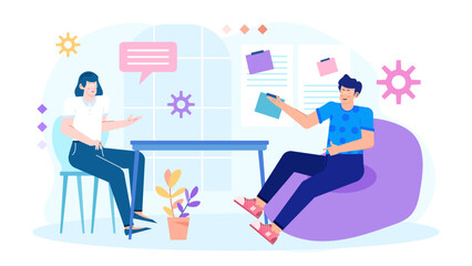 Two people sitting at a table in an office, having a meeting. Suitable for business presentations, workplace concepts, teamwork themes.