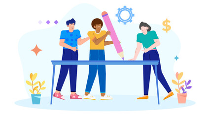 Three people at table with giant pink pencil. Suitable for education, creativity, teamwork, brainstorming, unique ideas, and design concepts.