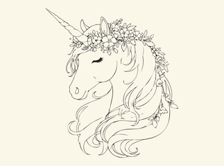 Floral Unicorn Head Illustration with Intricate Flowers and Leaves for Fantasy and Whimsical Themes