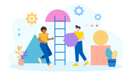 Two people, ladder, geometric shapes. Perfect for business growth, teamwork concepts, training, strategy planning, abstract designs, collaboration themes.