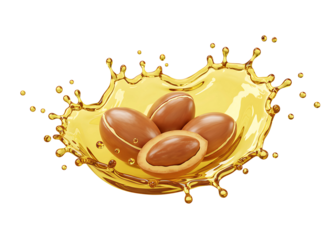 Argan oil splash with seeds isolated on transparent background