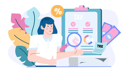 Woman reviewing tax form with a magnifying glass, suitable for financial concepts, tax assistance, budgeting tips, audit illustrations, and accounting blogs.