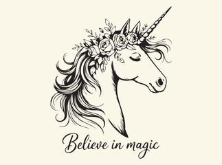 Floral Unicorn Head Illustration with Intricate Flowers and Leaves for Fantasy and Whimsical Themes