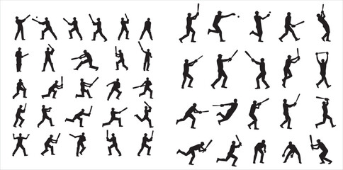 cricket player silhouette various pose on white backgrounds 