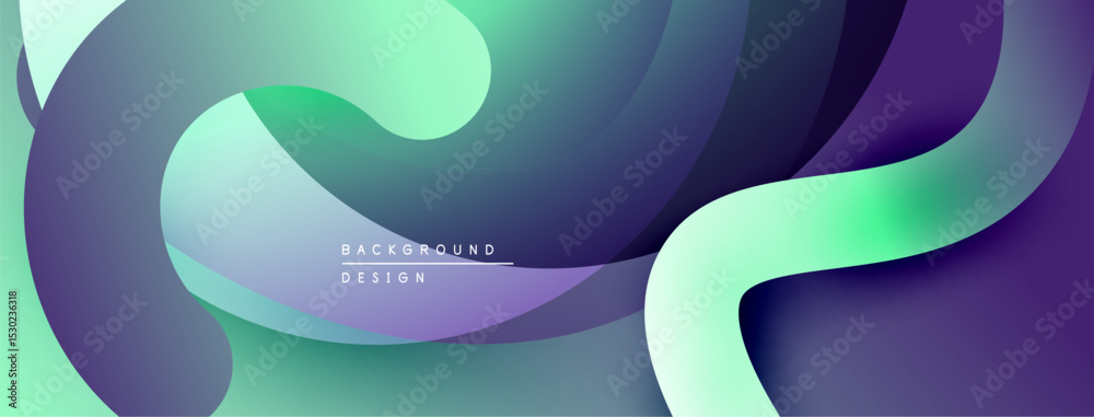 Poster abstract fluid shapes overlap, creating dynamic gradients. blue, green hues dominate design, suggest