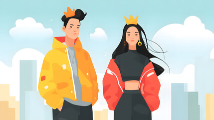 flat illustration of a modern-day princess and prince