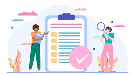 Two people near a checklist with a checkmark. Suitable for teamwork, goal achievement, completion, success, business collaboration concepts.