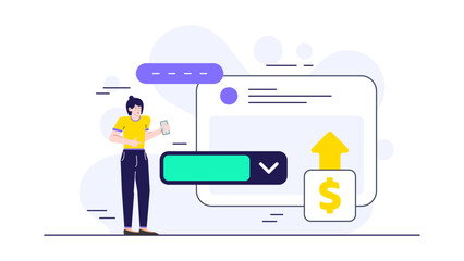 Woman pointing at a website on phone; suitable for technology, communication, marketing, digital media, internet, and apps related concepts.