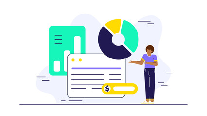 Person standing near a pie chart and a document, suitable for business presentations, financial reports, data analysis, corporate strategy meetings.