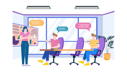 Woman presenting to two men in office. Suitable for business, teamwork, presentations, leadership, meetings, collaboration, diversity, and corporate environments.