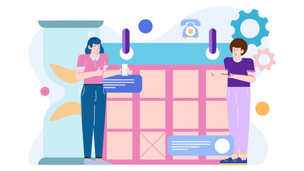 Two people standing next to a calendar, suitable for lifestyle blog posts, time management articles, work scheduling concepts, and planning themes.