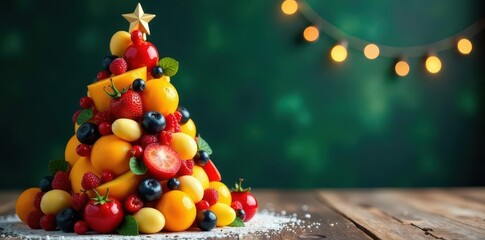 Stunning edible Christmas tree Colorful fruit & vegetable arrangement , macro, healthy