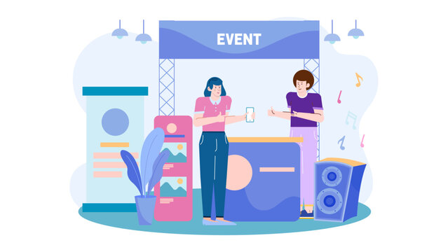 Two people at an event booth; suitable for promoting trade shows, conventions, networking events, or corporate gatherings in marketing materials.