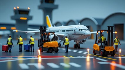 A dynamic ultra -realistic miniature airport scene where tiny micro workers wearing reflective vests 
drive fork lifts of colorful luggage away from a realistic toy airplane