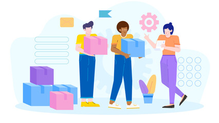 Three people holding boxes, a gear on the wall. Suitable for concepts related to teamwork, problem-solving, supply chain management.