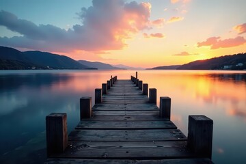 Obraz premium Weathered wooden pier stretches into a still lake at dawn , dock, environment