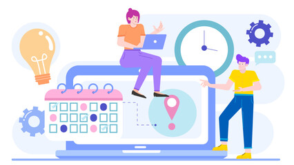 Two people working near a laptop, clock, and calendar. Suitable for illustrating teamwork, time management, scheduling, and business planning concepts.