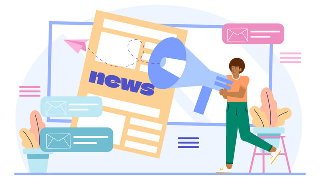 Person holds megaphone next to news sheet. Suitable for advertising, promotions, news announcements, activism, social media posts, events.