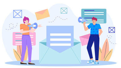 Two people use megaphones near a large envelope. Perfect for marketing, communication, advertising, message delivery, and announcement concepts.