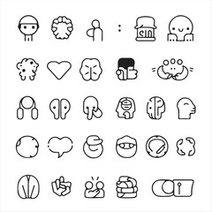 Generate a black and white, modern flat design icon set for mental health. The icons should utilize simple, two-dimensional, organic shapes to represent various therapy types, neurodiversity concepts