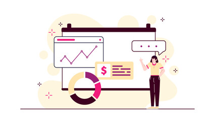 Ideal for financial presentations, business publications, educational materials. Woman explaining data on whiteboard. Suitable for reports, articles, websites.