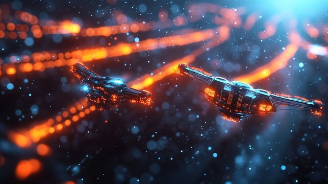 A futuristic AI drone swarm navigating through glowing data pathways