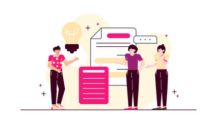 Three people engaged in a brainstorming session discussing a creative idea under a glowing lightbulb. Ideal for teamwork and innovation concepts.