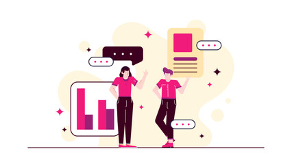 Two people discussing a bar graph. Suitable for business presentations, financial reports, teamwork concepts. Corporate settings, analytics discussions, collaboration visuals.
