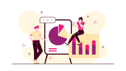 Two people analyzing data using a pie chart and bar graph. Ideal for presentations and reports on data analysis, statistics, and data interpretation.
