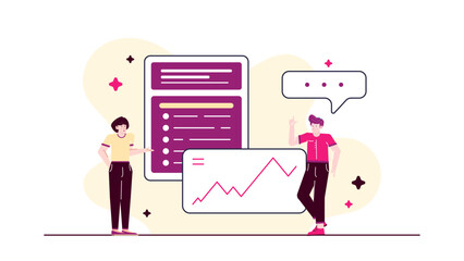 Two people in a meeting discussing a chart and a checklist, useful for business presentations, team collaboration, project planning.