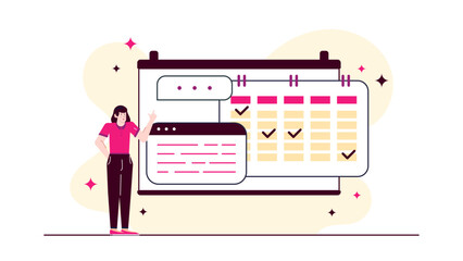 Woman standing by marked calendar, planning or scheduling concept, time management, productivity, goal setting, organization, appointments, events, deadlines.