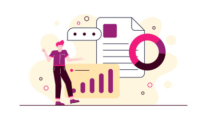 Man in a purple shirt with charts and a pie chart. Perfect for business presentations, financial reports, data analysis concepts.