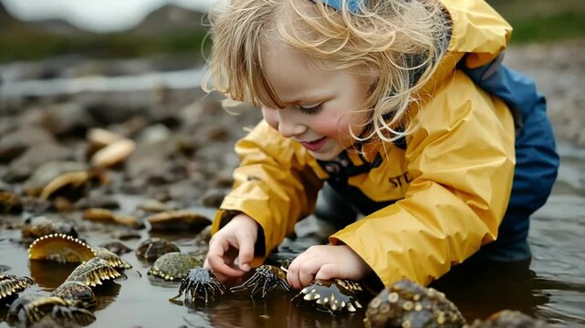 A joyful child in a yellow raincoat exploring tide pools.