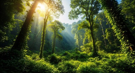 Obraz premium Sunbeams Illuminating Lush Tropical Rainforest: A Breathtaking View