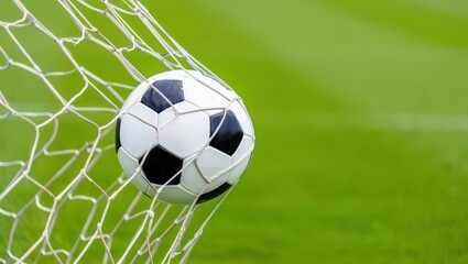 Soccer ball in the goal net on a green field