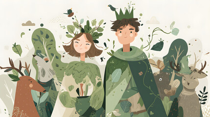 flat illustration of a nature-inspired princess and prince