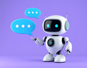 Cute white robot chatting with speech bubbles on purple background
