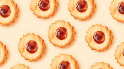 Flat lay of multiple round cookies with jelly filling on a beige background.